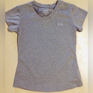 Champion Girls Size 7/8 Medium Gray Short Sleeve Shirt Athletic V Neck Logo